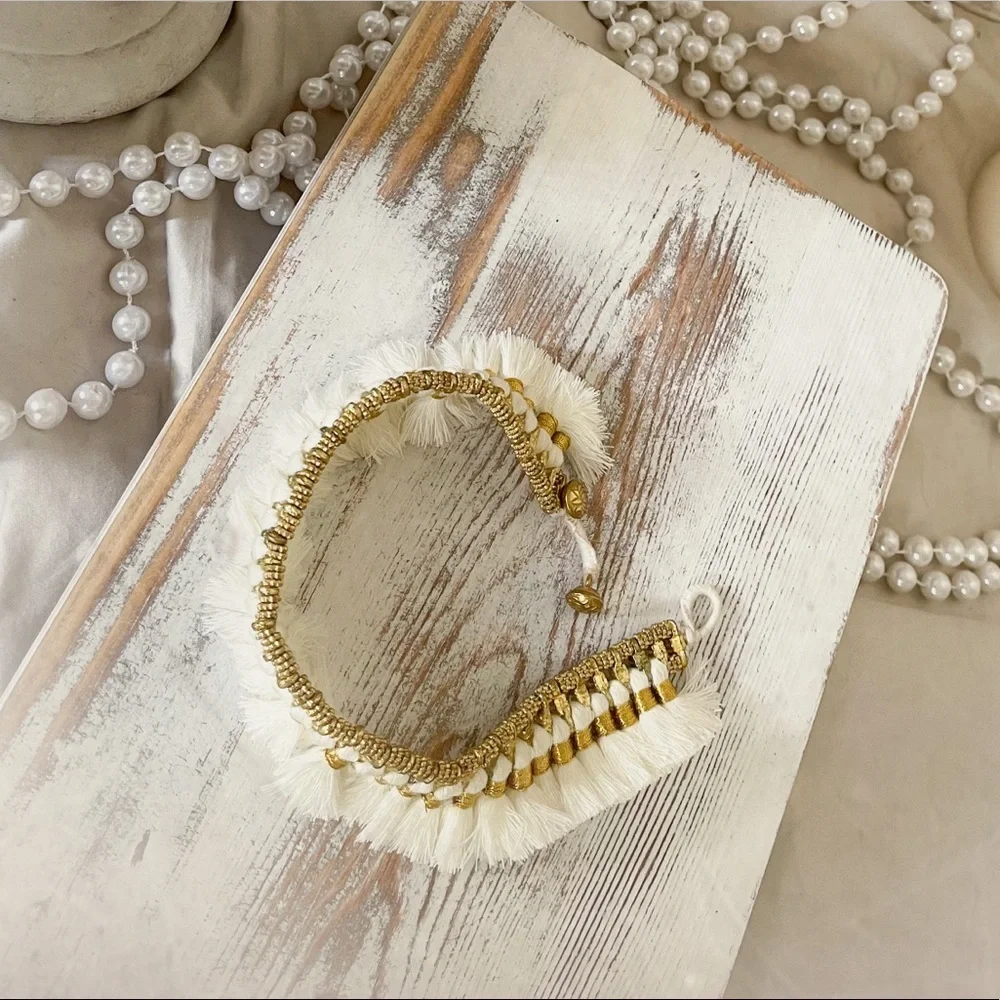Boho White Ankle Bracelet with Antique Gold Finish